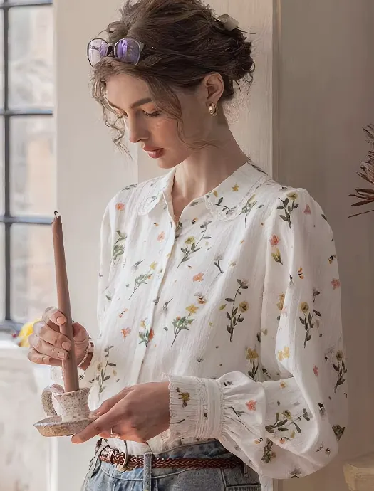 Nancy Classic Lapel Embroidered Floral Shirt