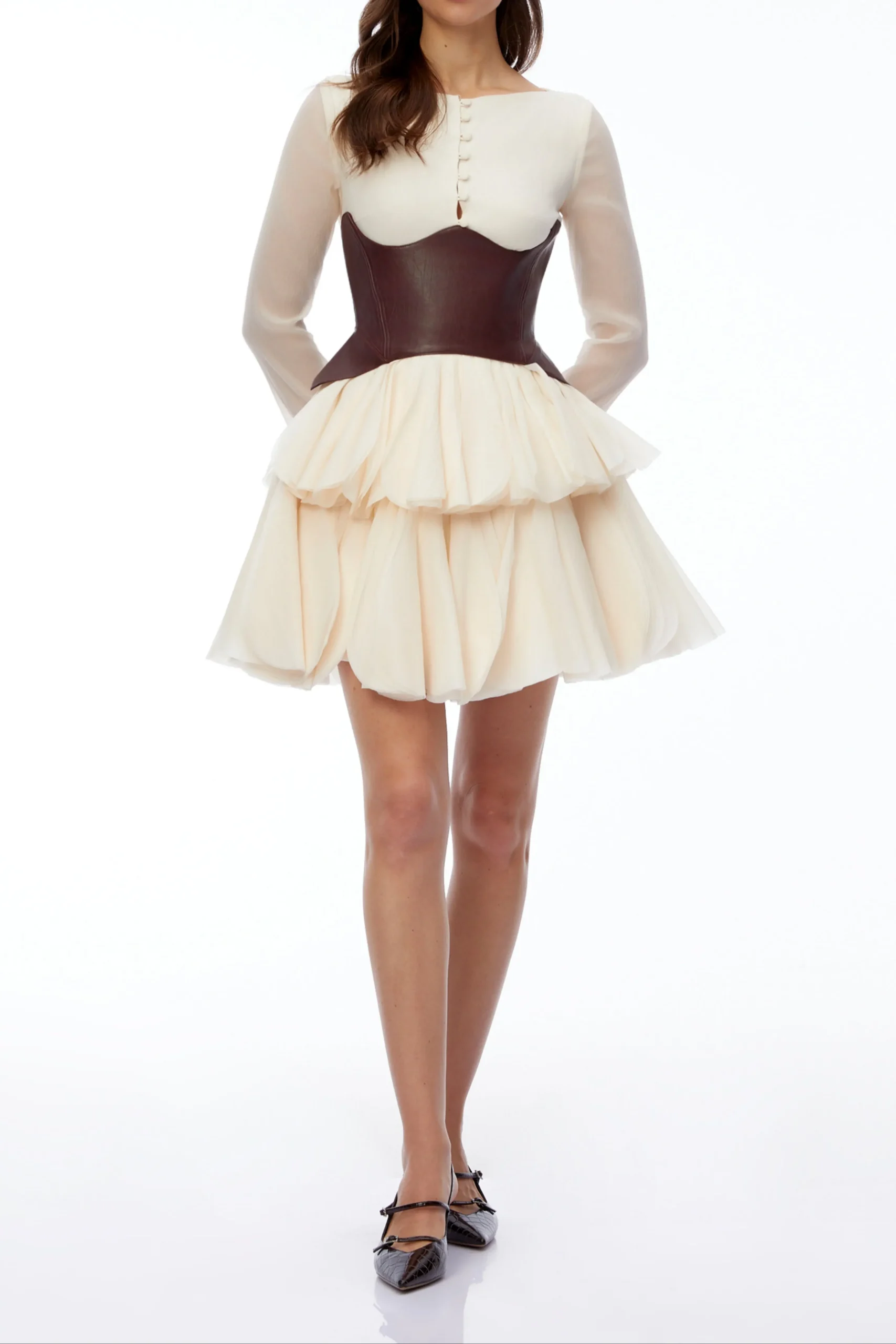 a4a73580be329f4d9de84aa662023a78 Cream Sheer Long Sleeve Layered Petal Mini Dress with Brown Leather Corset Belt