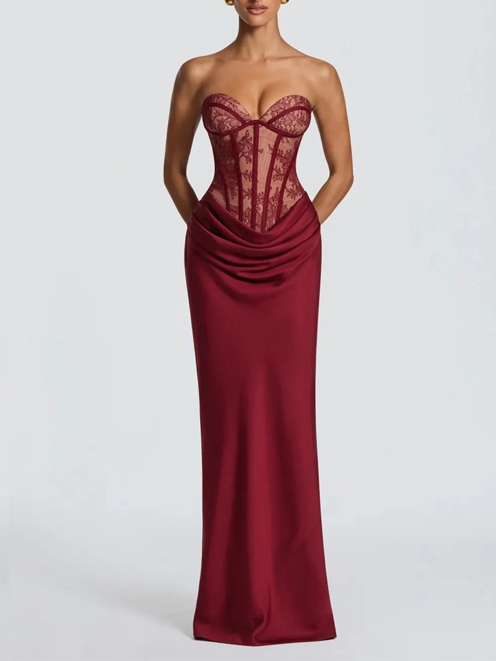 Makyla Red Strapless Lace Ruched Maxi Dress
