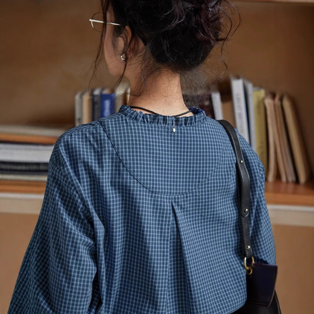 Navy Blue Plaid V-Neck Ruffled Long-Sleeve Shirt