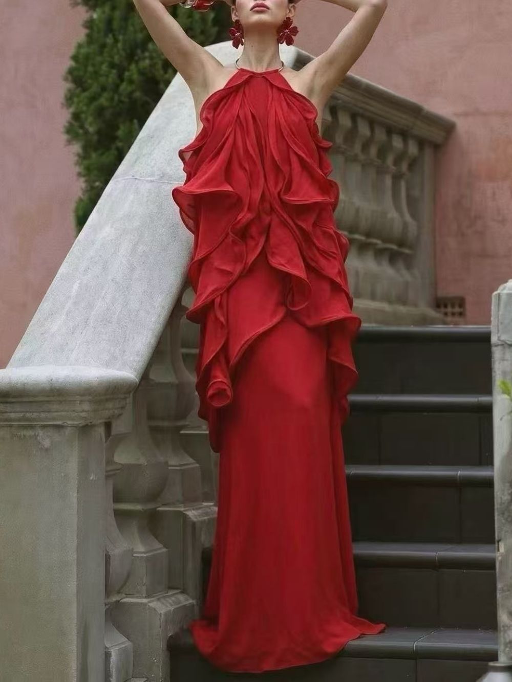 Fashionslee Women Kaelum Backless Ruffle Maxi Dress In Red