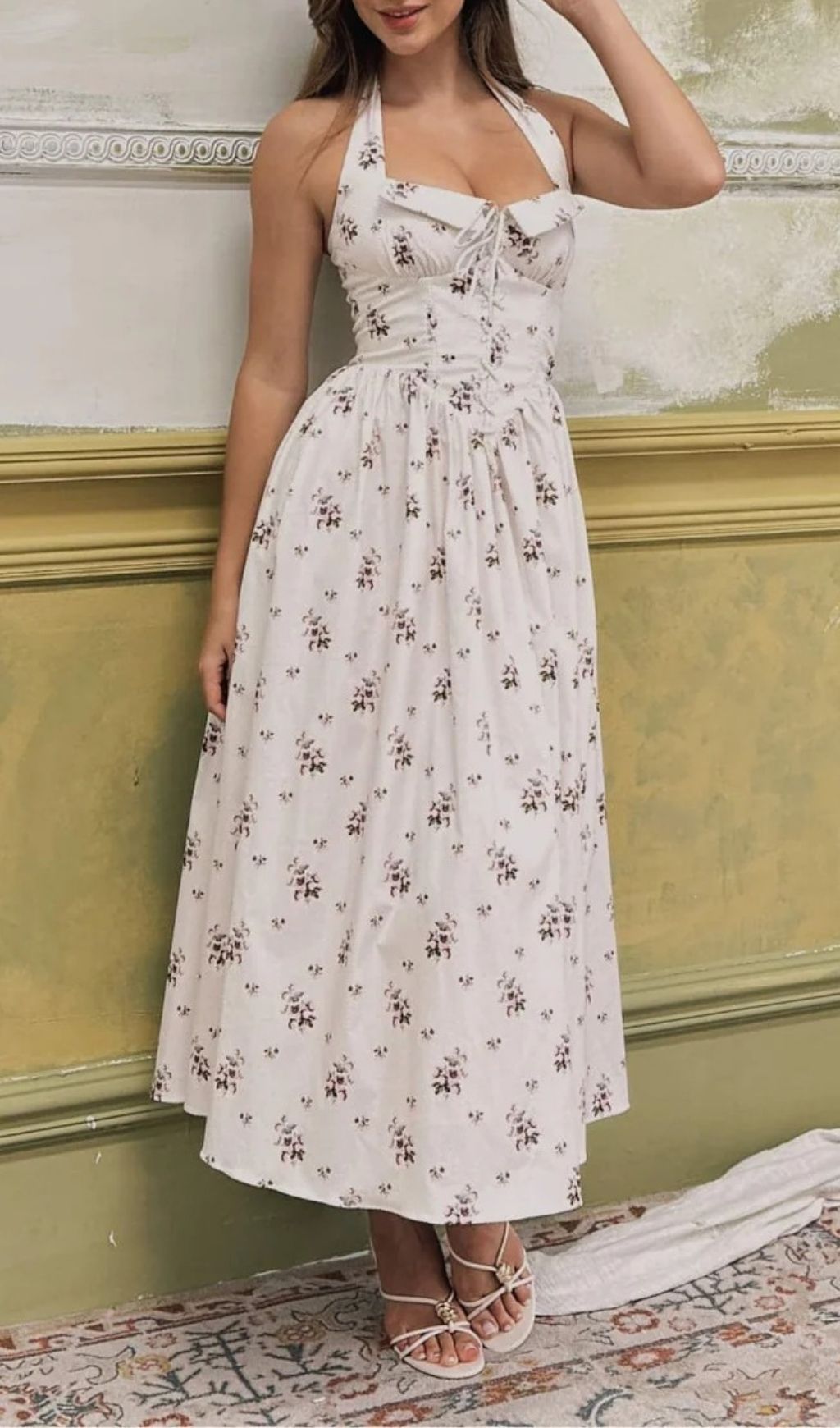 a4e17aafe76bd85b4573aa431055adc2 Zavethric Halterneck Lace Up Floral Midi Dress