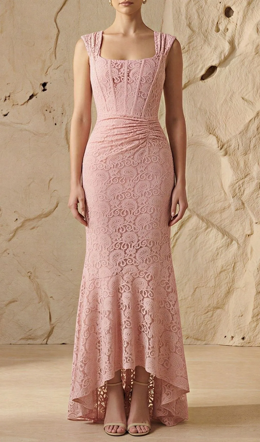 Vivien Lace Gathering Maxi Dress - Pink