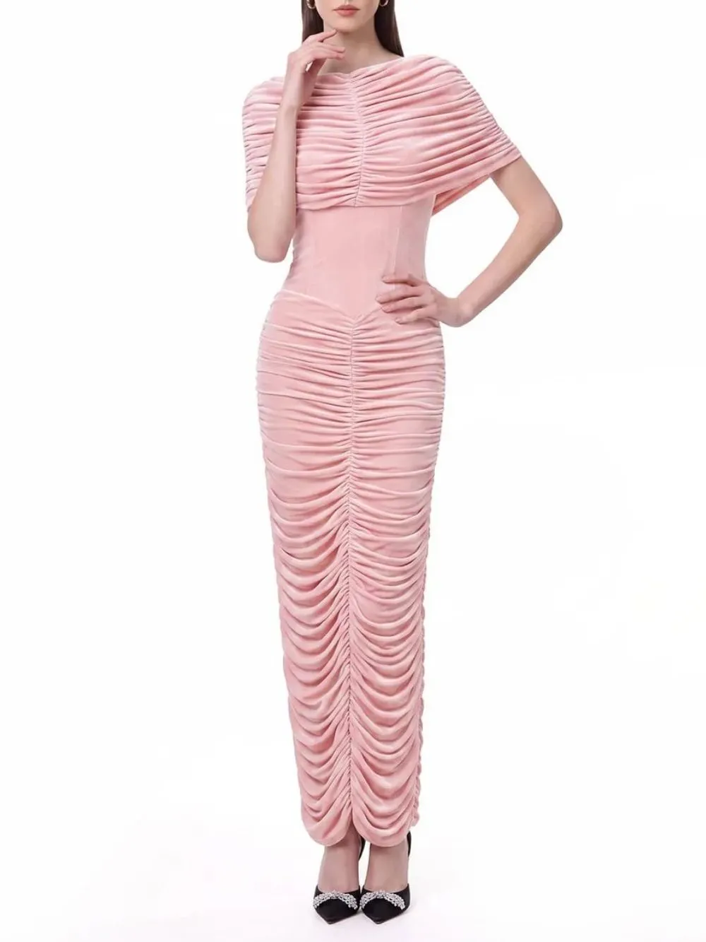 Liseli Cape Ruched Split Maxi Dress