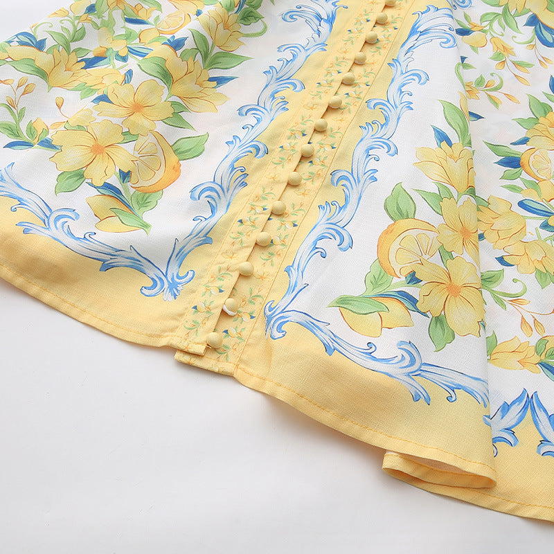Lemon Floral Single-Breasted Midi Dress With Belt – Yellow - OWNCI Lemon Floral Single-Breasted Midi Dress With Belt – Yellow - OWNCI