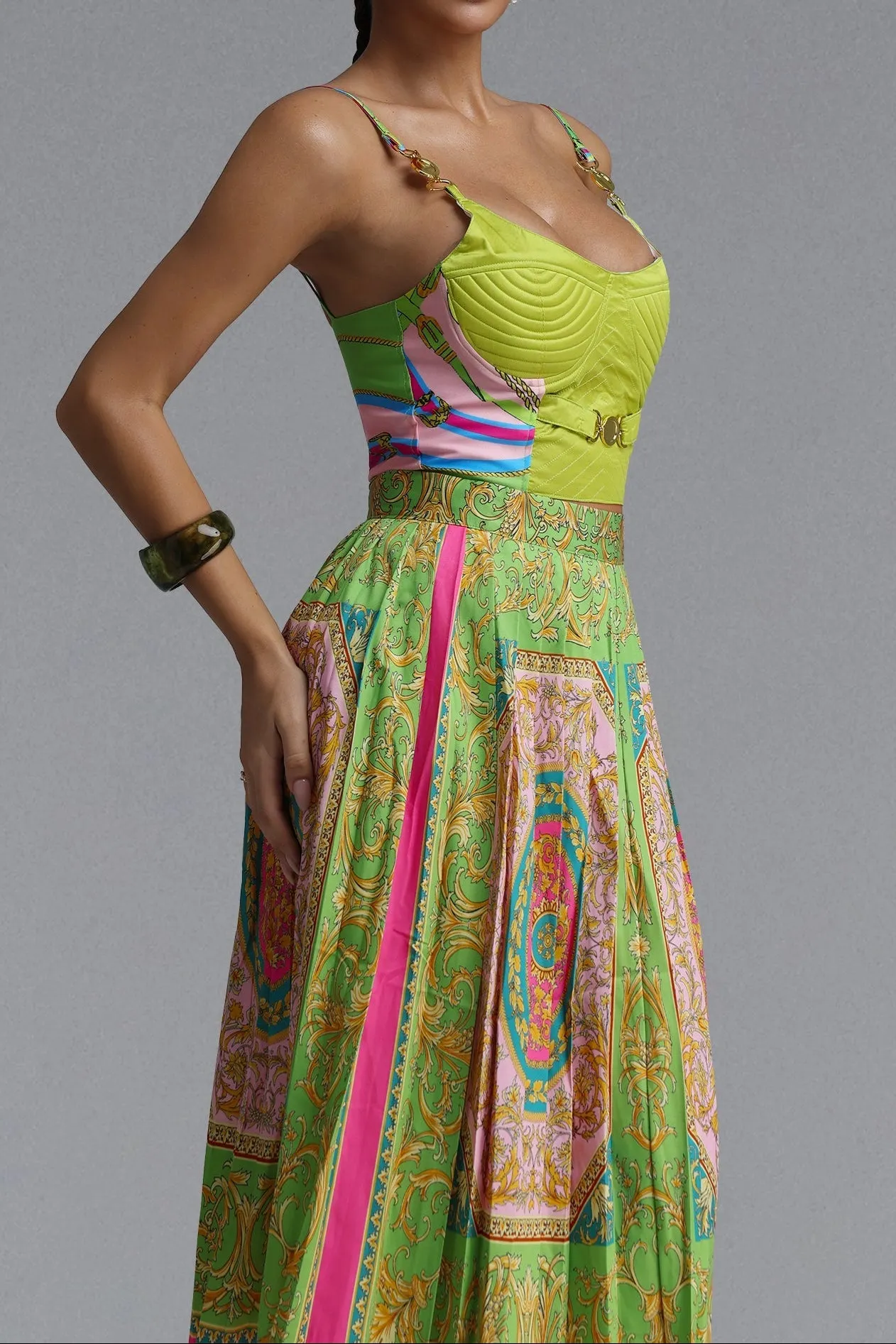 Adjustable Spaghetti Corset Baroque Print A-Line Two-Piece Set