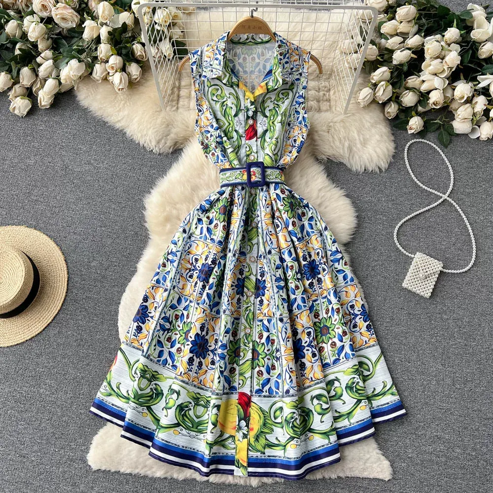 a5fe9aa139b2030b22fcdac6ad8288bb Sleeveless Collared Tile Print Belted A-Line Midi Dress