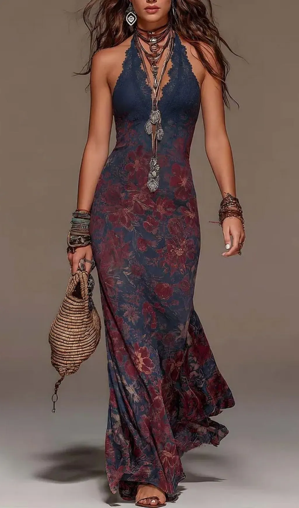 Fashionslee Women Retro Lace Halterneck Floral Fishtail Maxi Dress