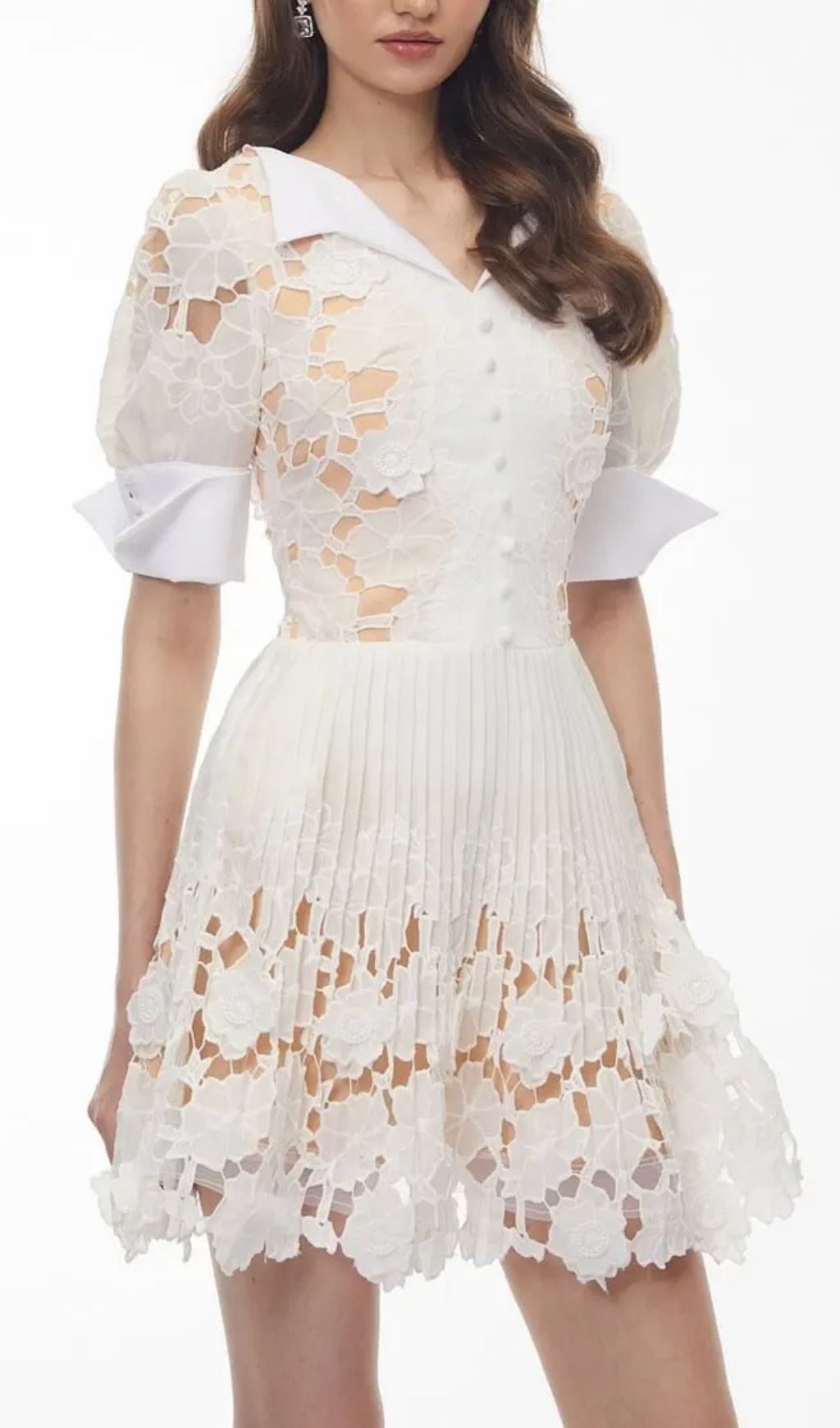 a6116ab4a150a445ababef9bf339a6eb Selena White Floral Appliqué Mini Dress With Cut-Outs