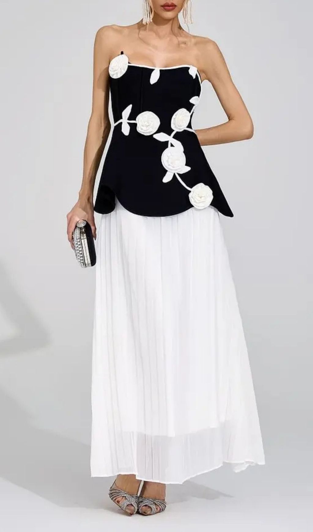 Mignon Black White Floral Strapless Maxi Dress
