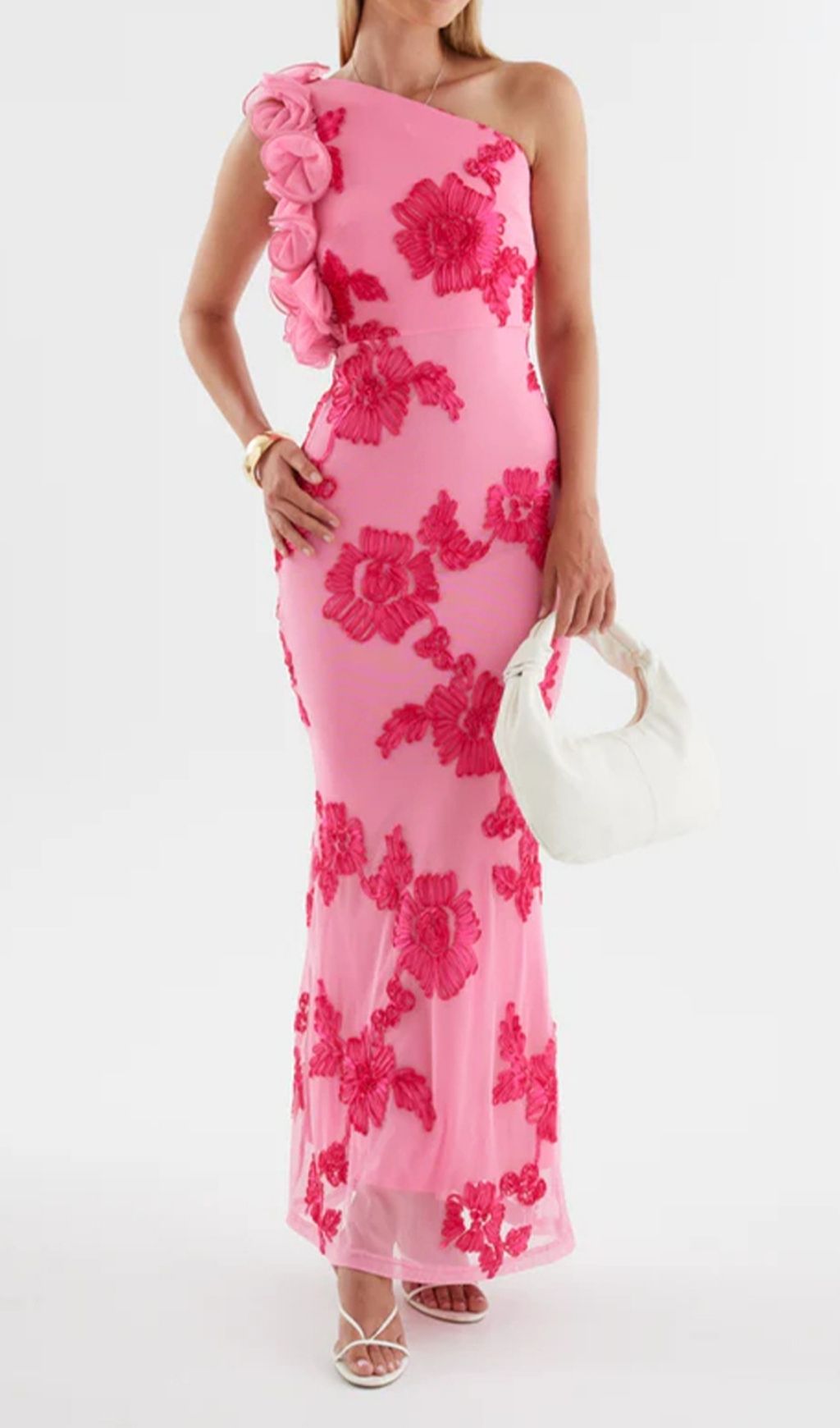 a682ece4c1d12f661899e575ce61c5e1 Novia One-Shoulder 3d Flower Embroidery Bodycon Maxi Dress - Pink