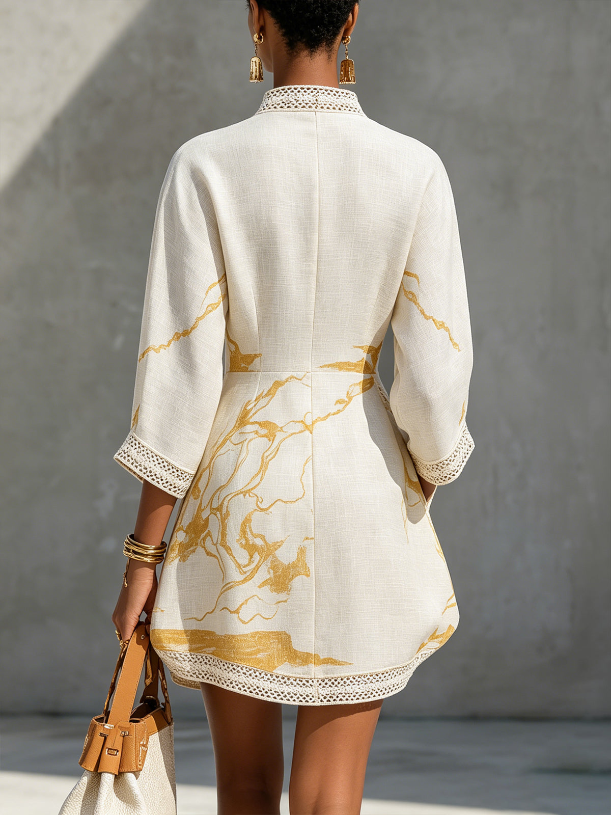 a6b9ba5c61955a8da122b6ca98ea0a16 Ivory Gold Printed V-neck Crochet Lace Mini Dress