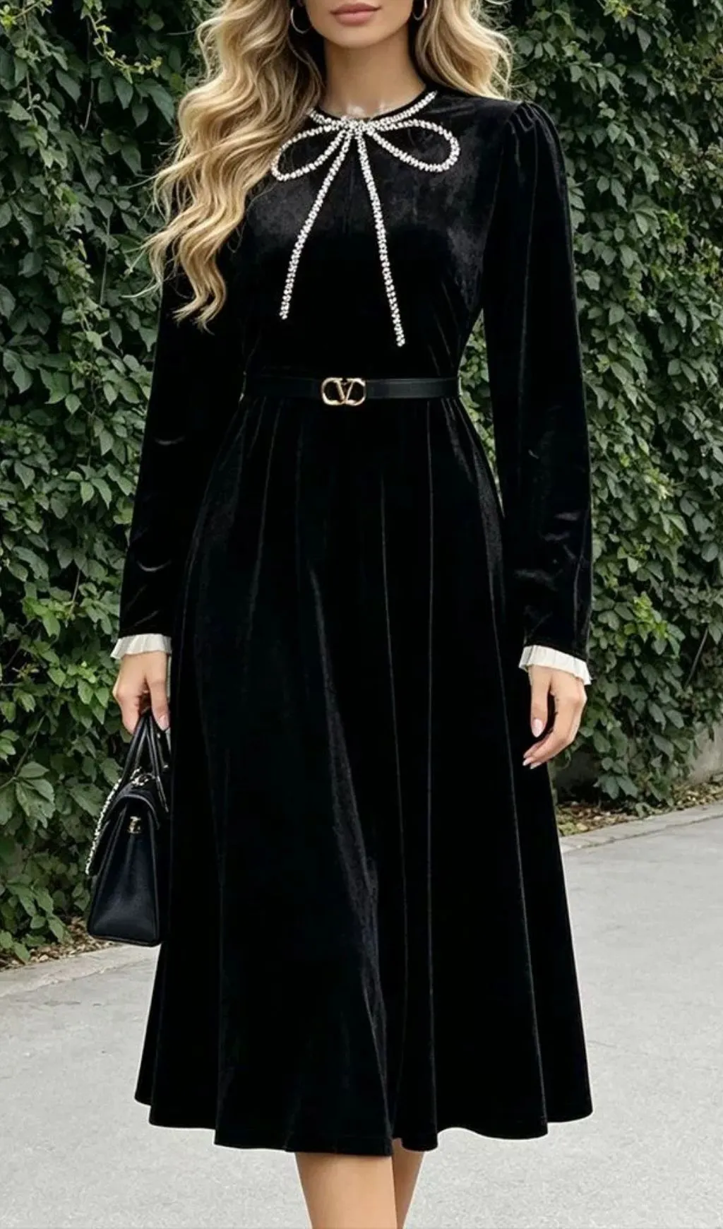 Fashionslee Women Macaria Black Bow Diamante Long Sleeve Midi Dress