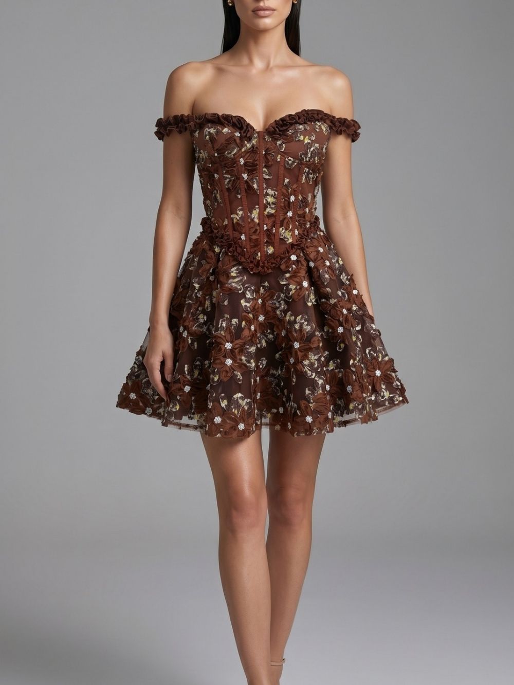 a6d9902a2201157ecd82c9ef74c9e7b9 Jyvric Coffee Off Shoulder Flower Mini Dress