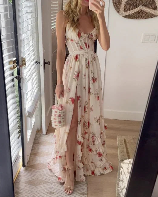 V-Neck Floral Print High Slit Maxi Dress – Apricot - OWNCI V-Neck Floral Print High Slit Maxi Dress – Apricot - OWNCI
