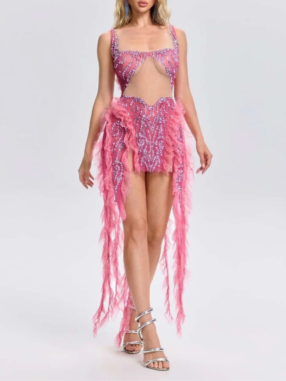a717b91ad86816f2a723bf365c212abd Ulrican Crystal Ruffle Mesh Mini Dress