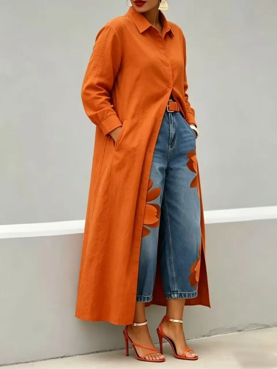 Long Shirt Paired With a Floral Wide-Leg Denim Trouser Set