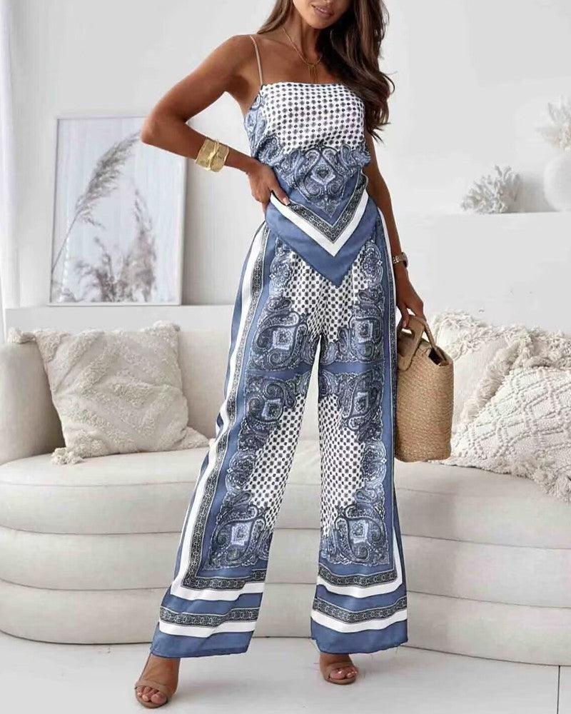 Stylish Printed Lace-Up Vest & Pants Two-Piece Set - OWNCI