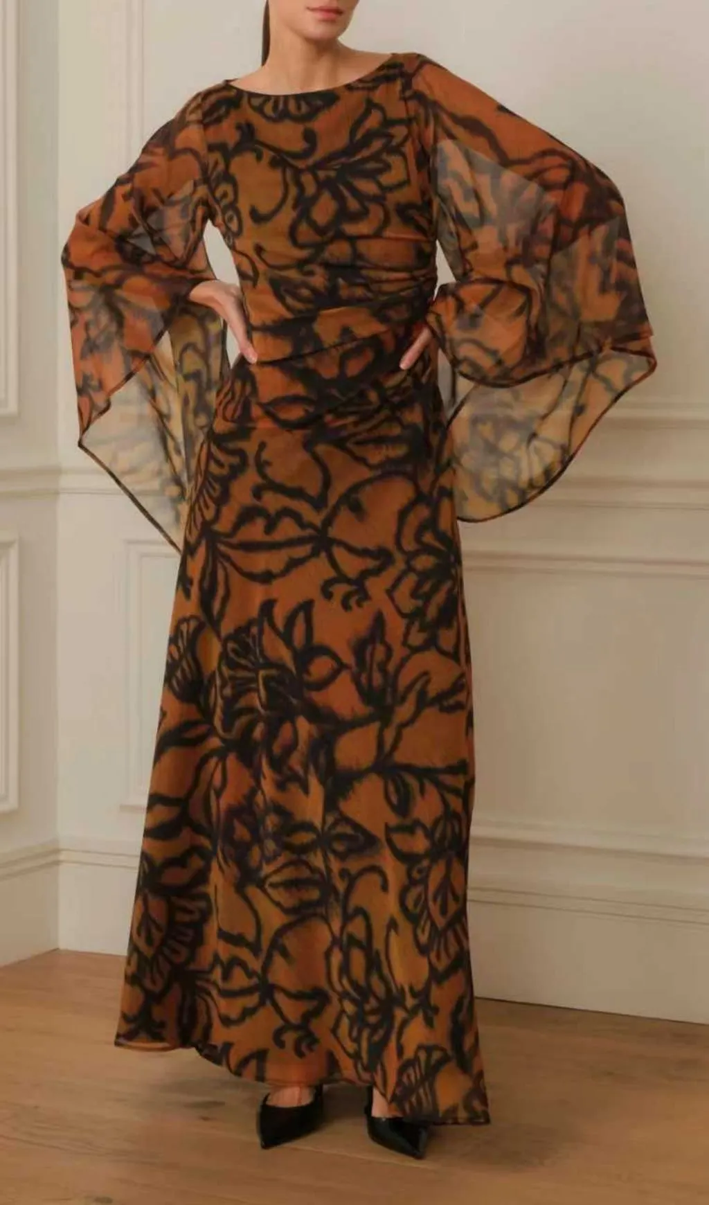 Fashionslee Women Brown Long Printed Dress With Wide Sleeves