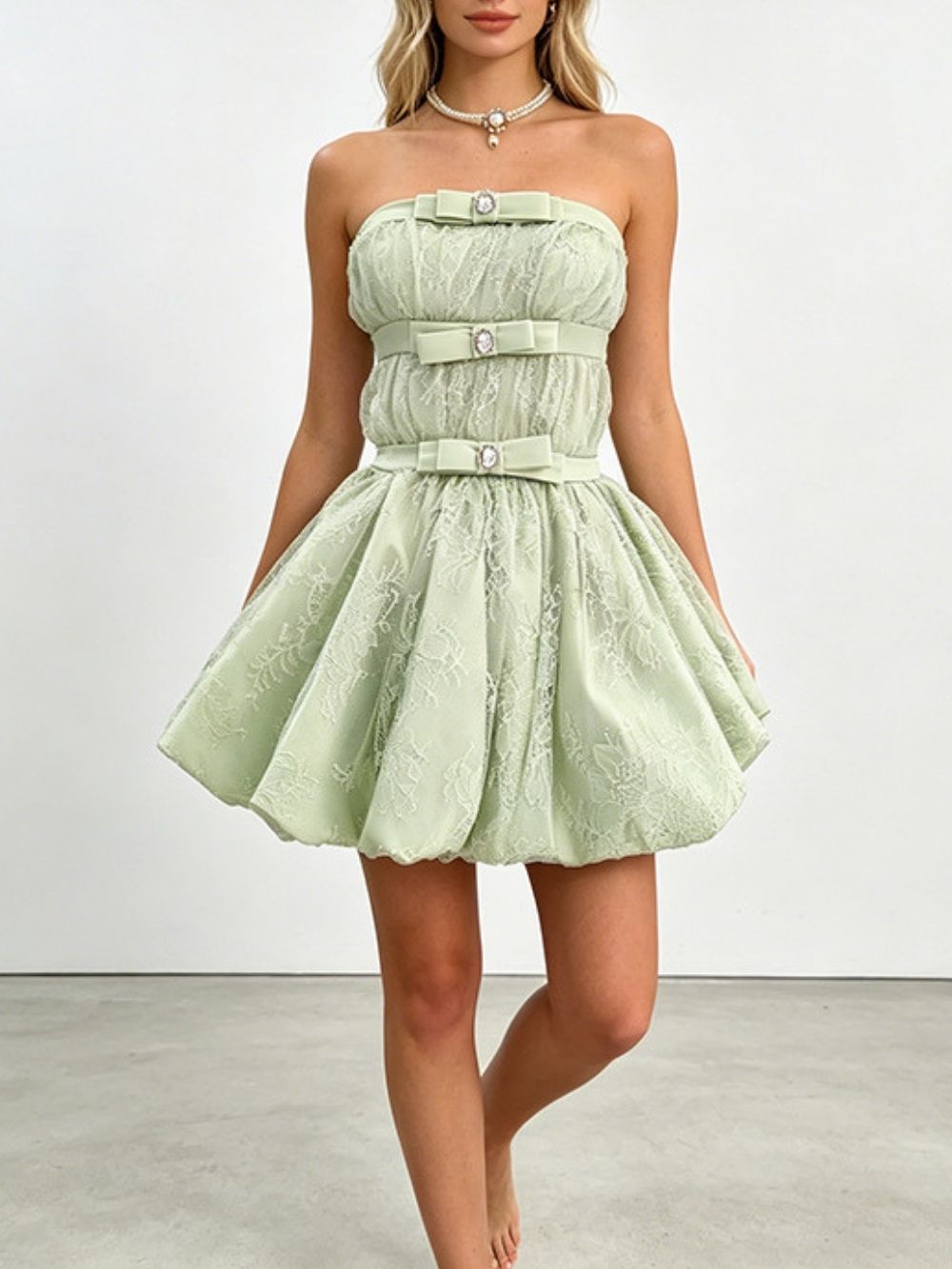 Kamya Green Strapless Lace Mini Dress