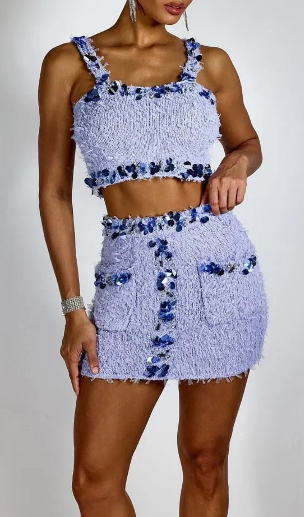 a818776ea0c6080174ef1d91880facfe Dolores Purple Sequin Embellished Crop Top & Mini Skirt Set