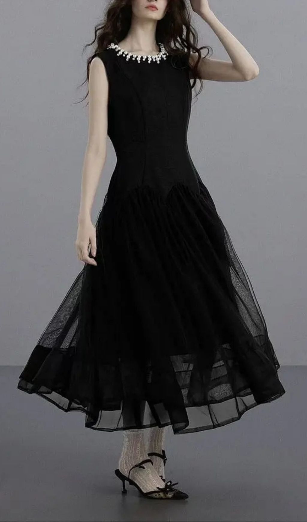 a8652b991a052c6fad564f3335800257 Sleeveless Midi Dress With Tulle Skirt And Pearl Embellished Collar - Black