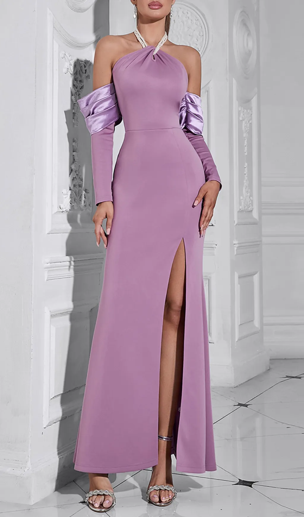 Boomer Purple Pearl Halter Long Sleeve Maxi Dress