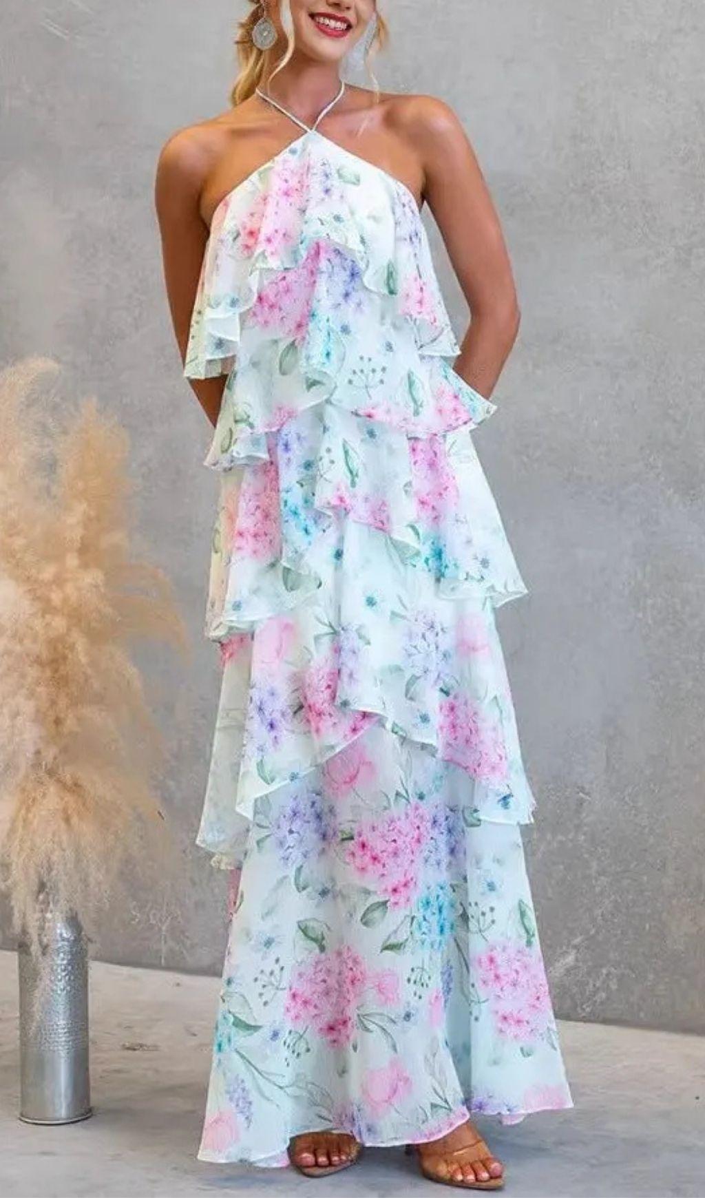 Floral Ruffle Halter Neck Midi Dress - Blue