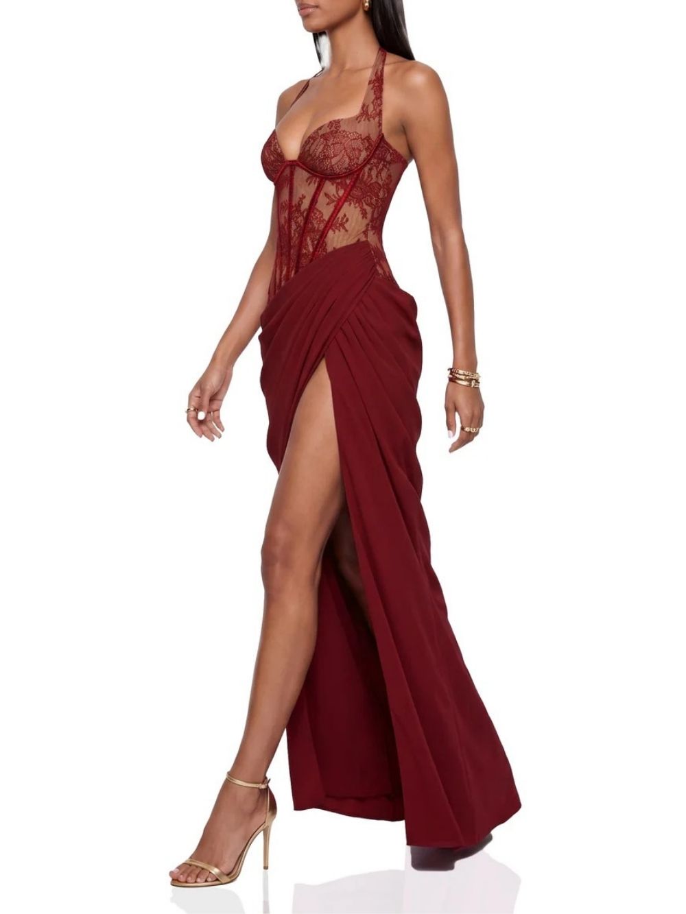Fujiye Halterneck Lace Corset Split Dress