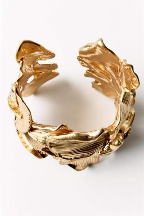 3D Textured Floral Wide Open Cuff Gold Bangle