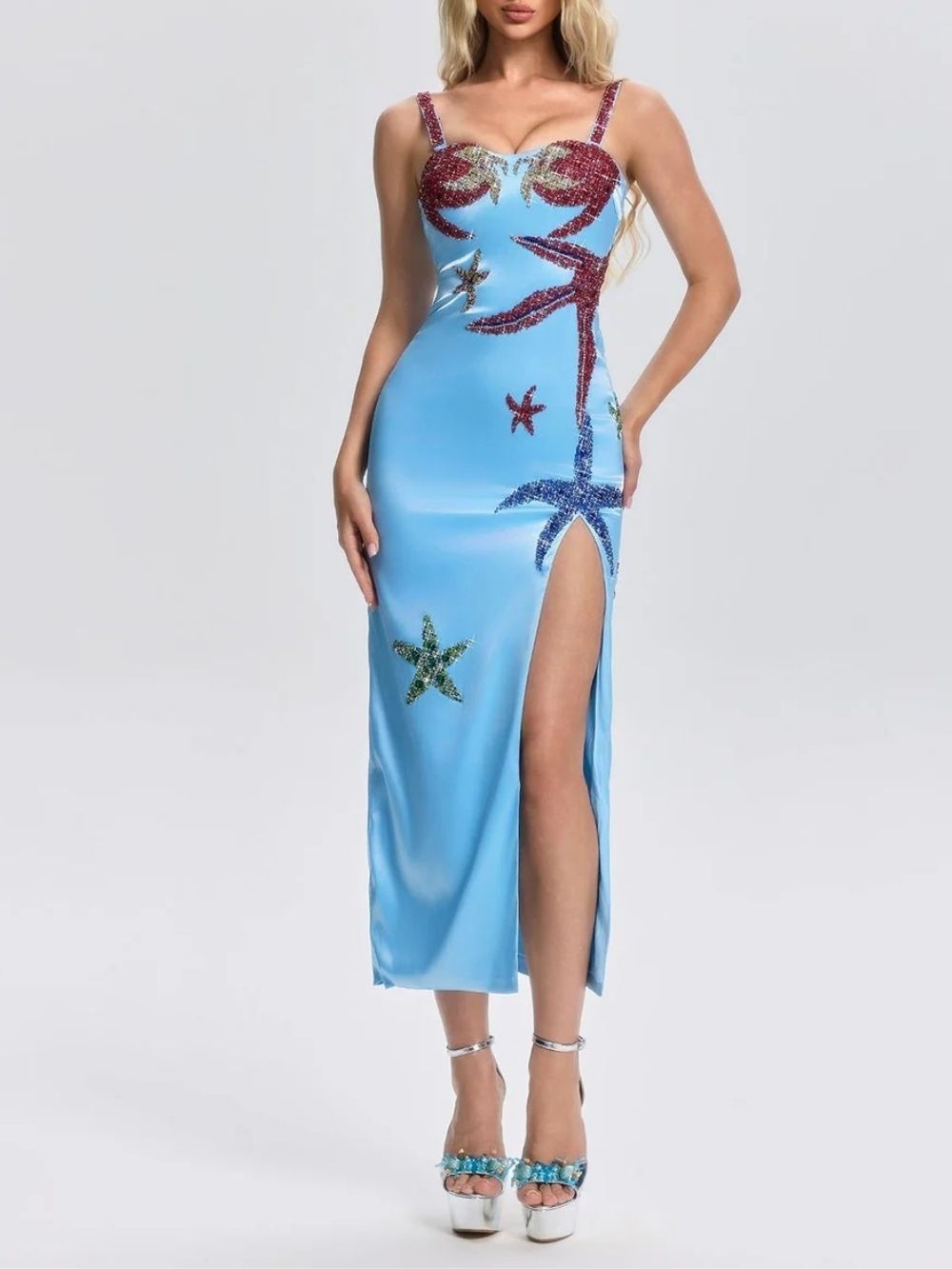 a929845f2823a6ba0f175736f28dff2b Grimricn Starfish Rhinestone Split Midi Dress