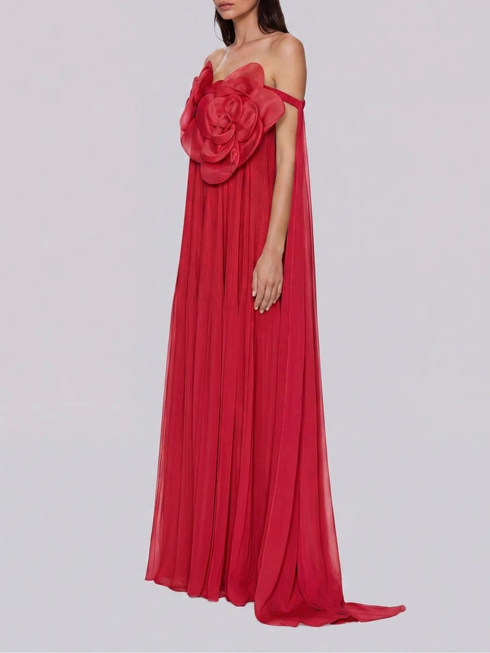 Fashionslee Women Grythalen Off Shoulder Flower Pleated Maxi Dress In Red