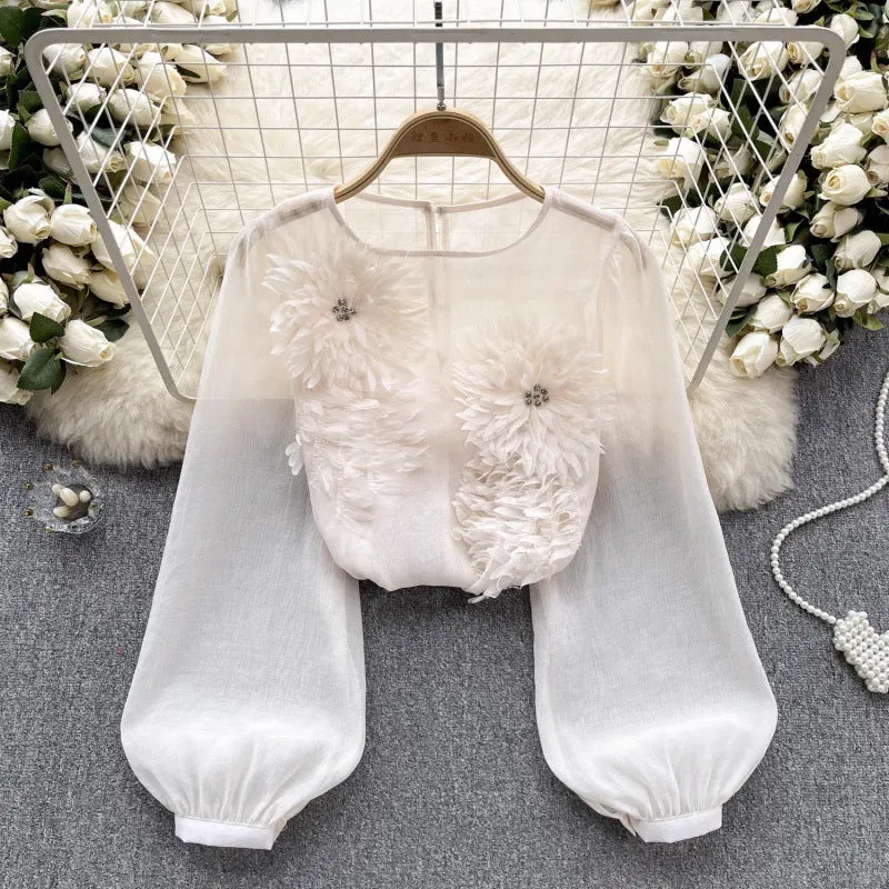 3D Floral Puff Sleeve Tulle Shirt