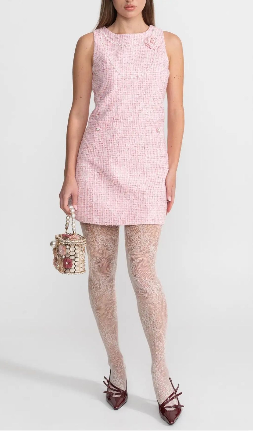 Laurel Pink Flower Sleeveless Tweed Mini Dress With Pearl Trim