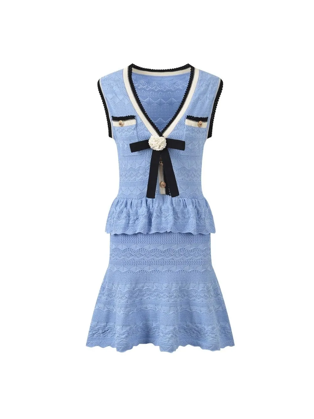 Pointelle Knit Mini Dress – Blue - OWNCI