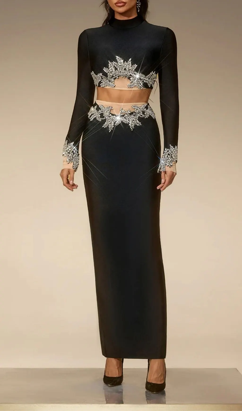 Fashionslee Women Selis Long Sleeve Rhinestone Bandage Skirt Set