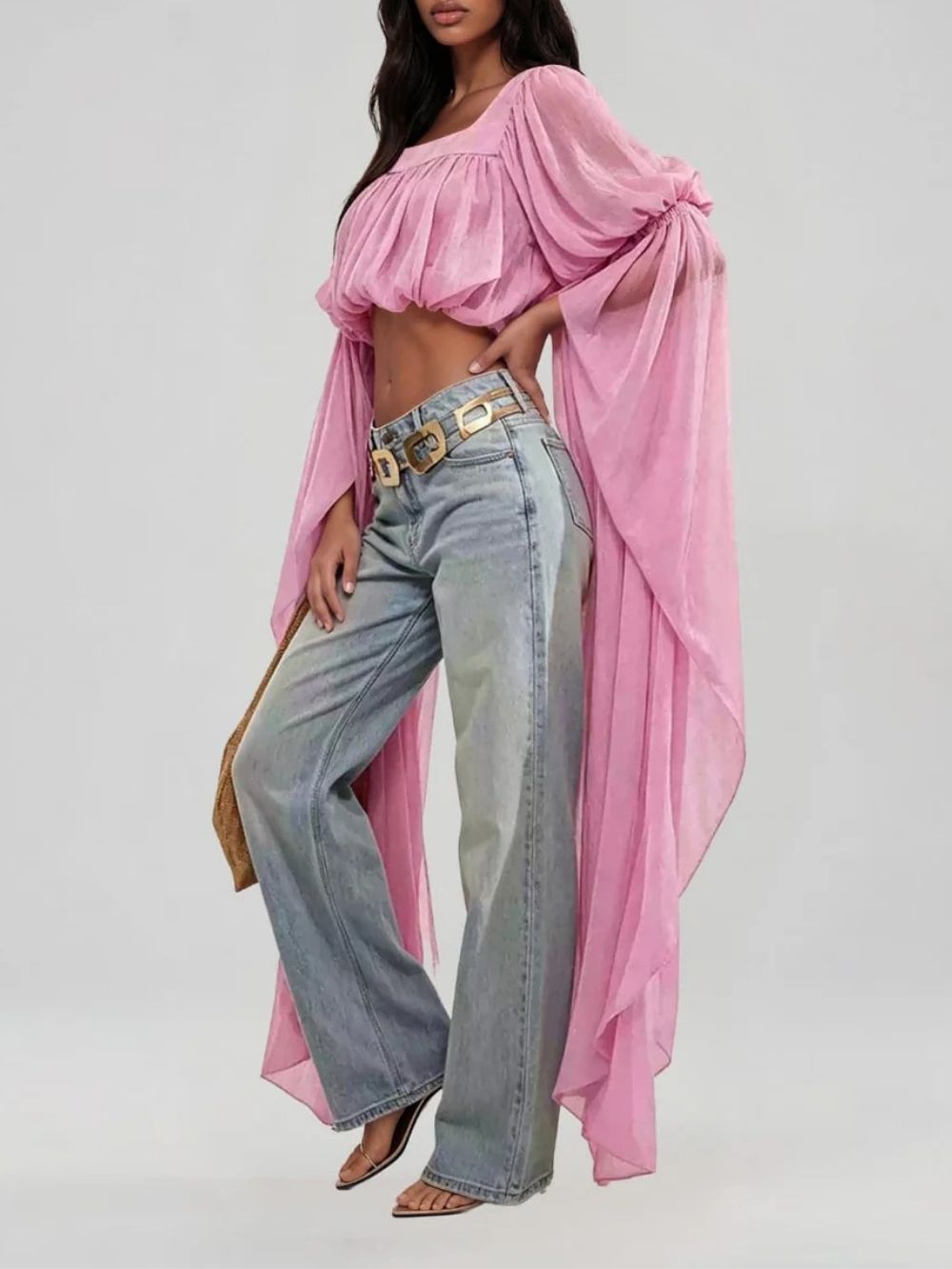 Jorvik Cape Sleeve Crop Top In Pink - OWNCI