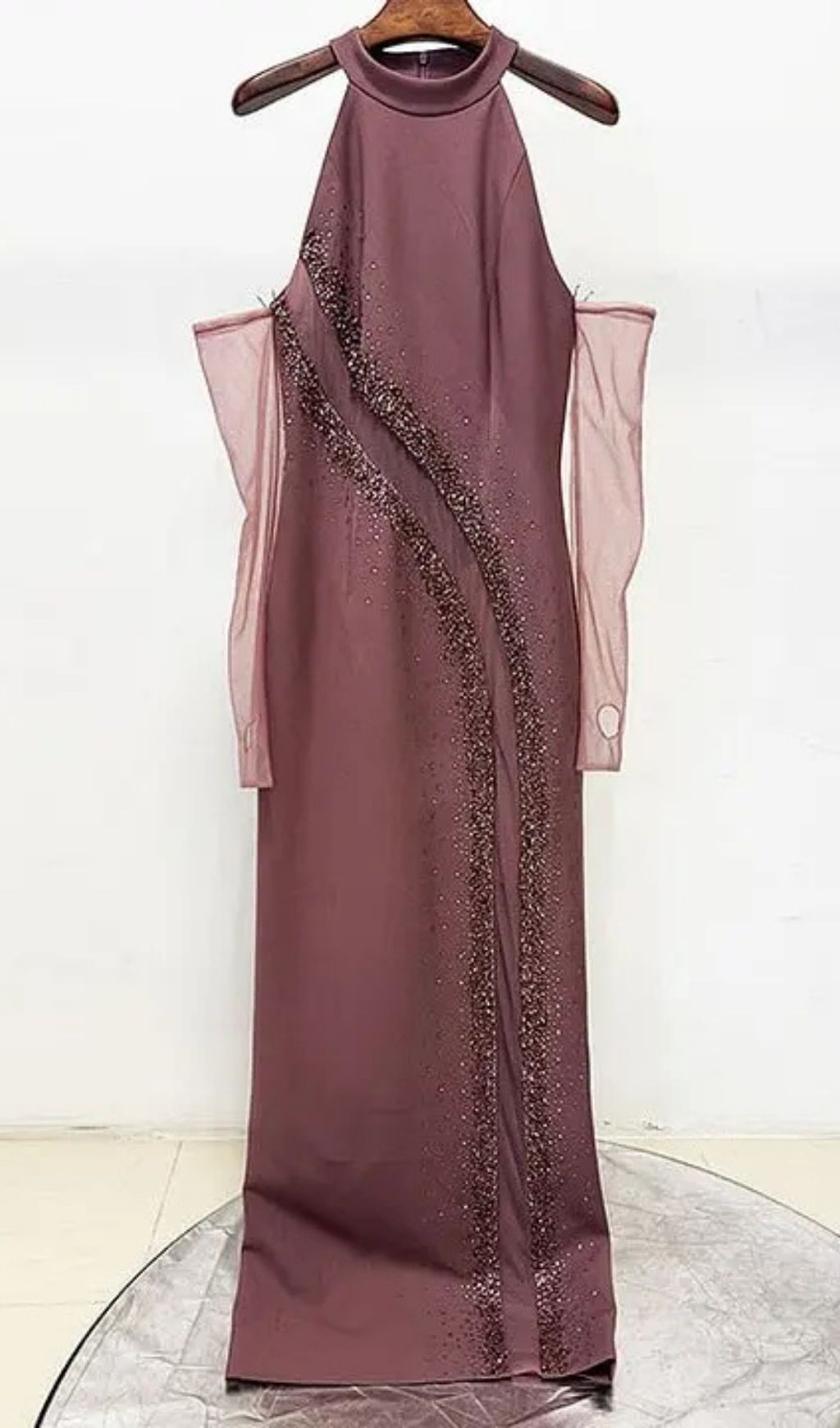 aa183053b6877bcfa758f932271630e3 Vivien Brown Beading High Neck Maxi Dress