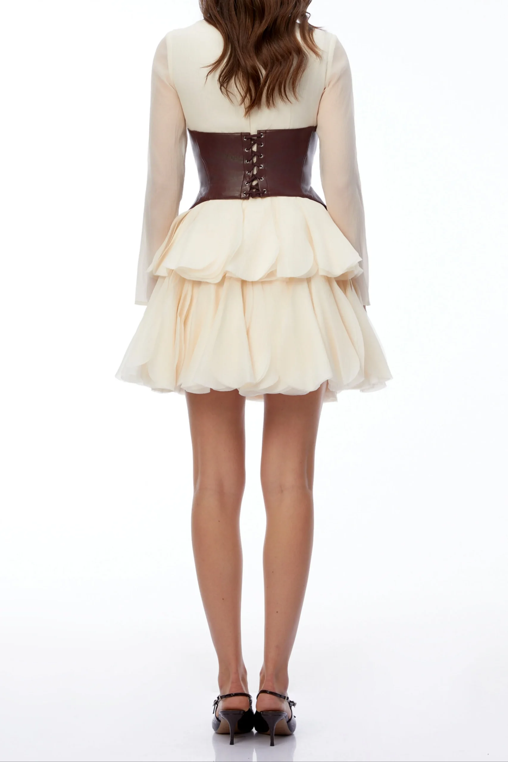 aa3344a0fd3d32f1b3d64813071a6f44 Cream Sheer Long Sleeve Layered Petal Mini Dress with Brown Leather Corset Belt