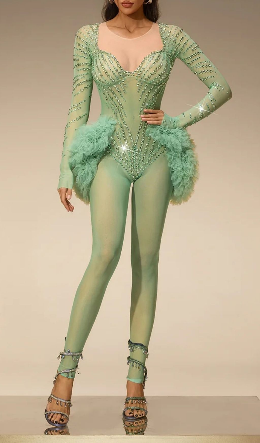 Fashionslee Women Zireth Long Sleeve Crystal Mesh Jumpsuit
