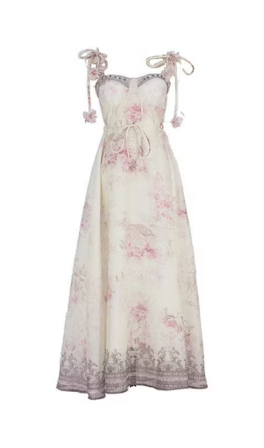 aad7e54579954b036428236ade691779 Pastel Floral Print Spaghetti Strap Midi Dress With 3D Flower Appliqués