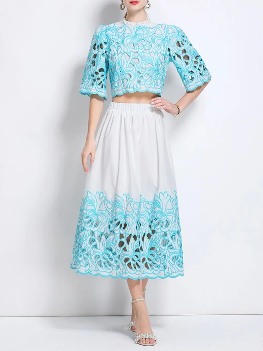 Mahira Blue Flower Embroidery Two-Piece Set - OWNCI