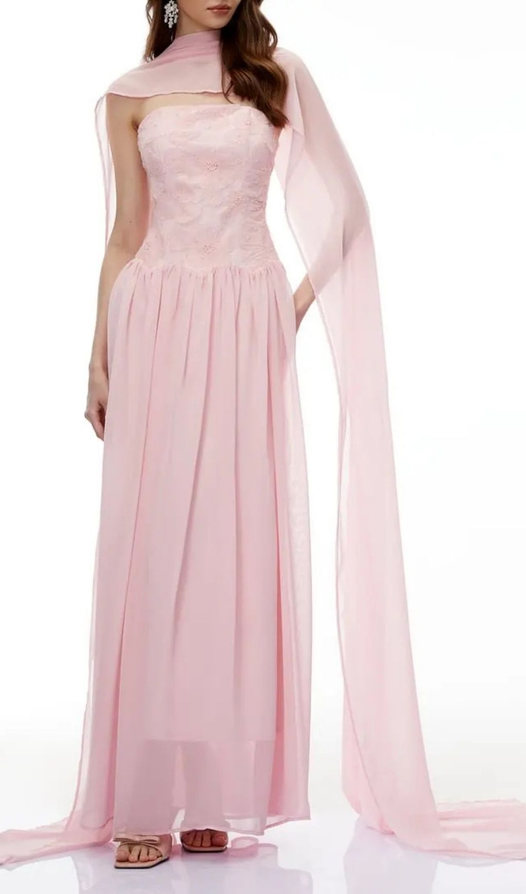 Rebecca Pink Floral Embroidered Pleated Maxi Dress