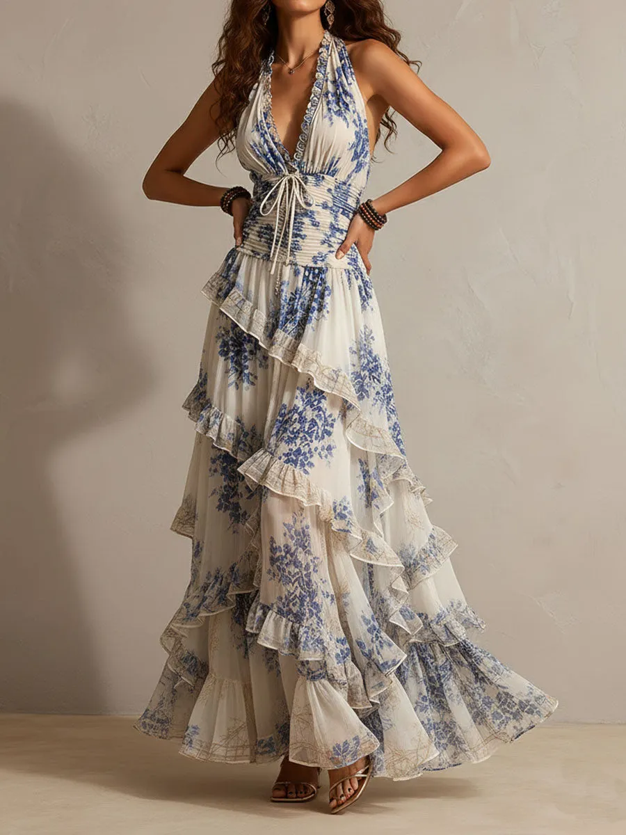 ab2603c14004e7edc548fdb17388e362 Romantic Vacation Blue And White Floral Print Halter Neck Ruffled Maxi Dress