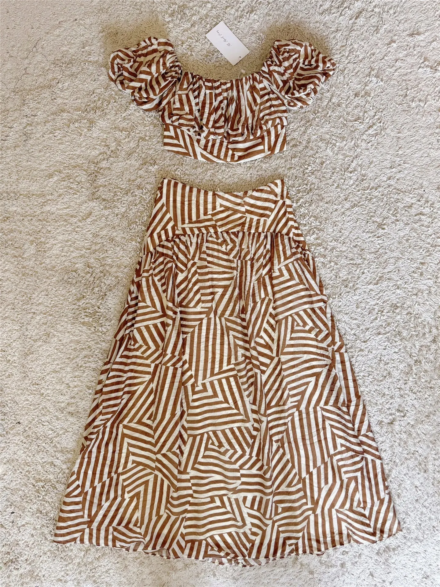 Off Shoulder Puff Sleeve Striped Crop Top & Tiered Maxi Skirt Set