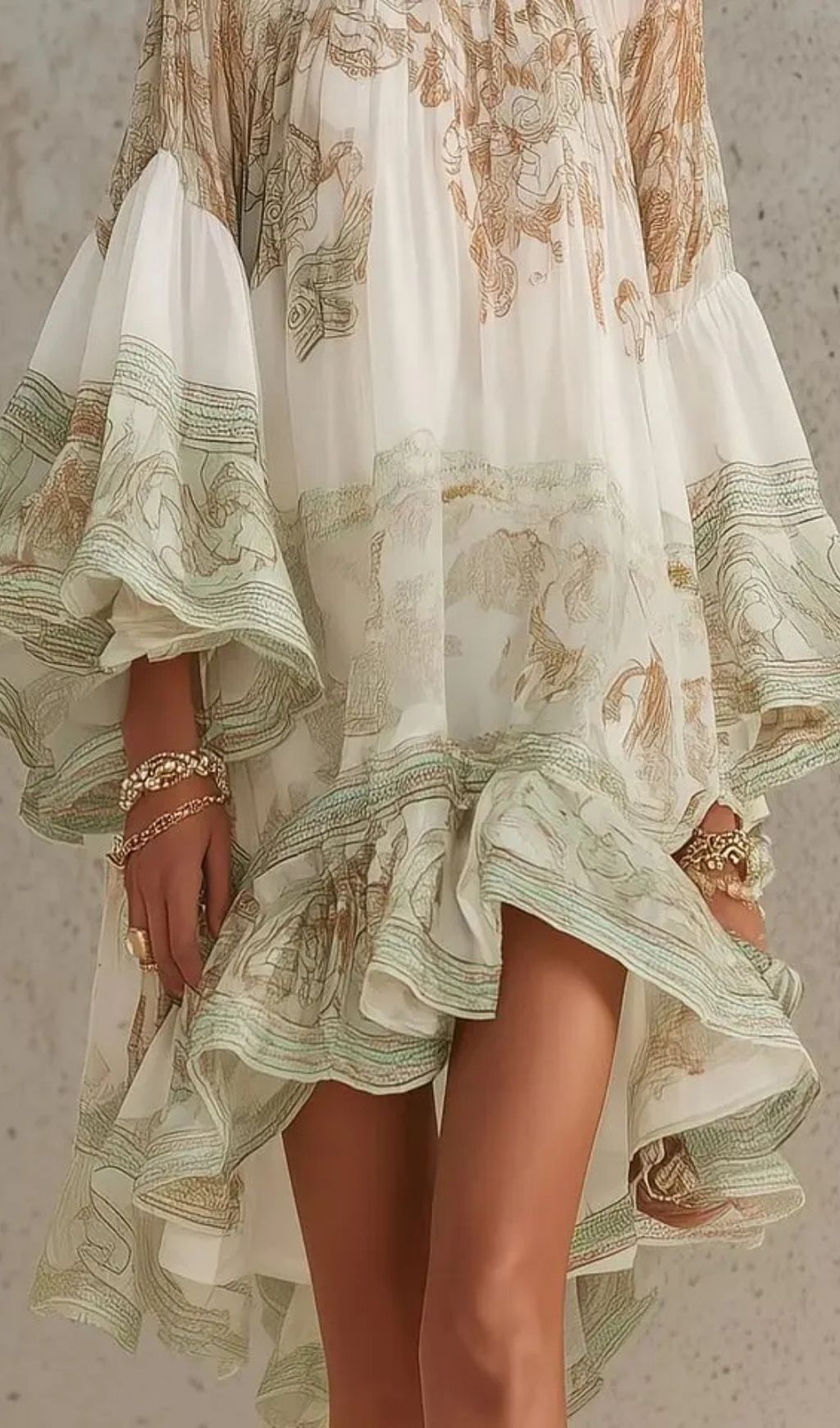 Green Print Ruffle Hem Flounce Sleeve Chiffon Mini Dress
