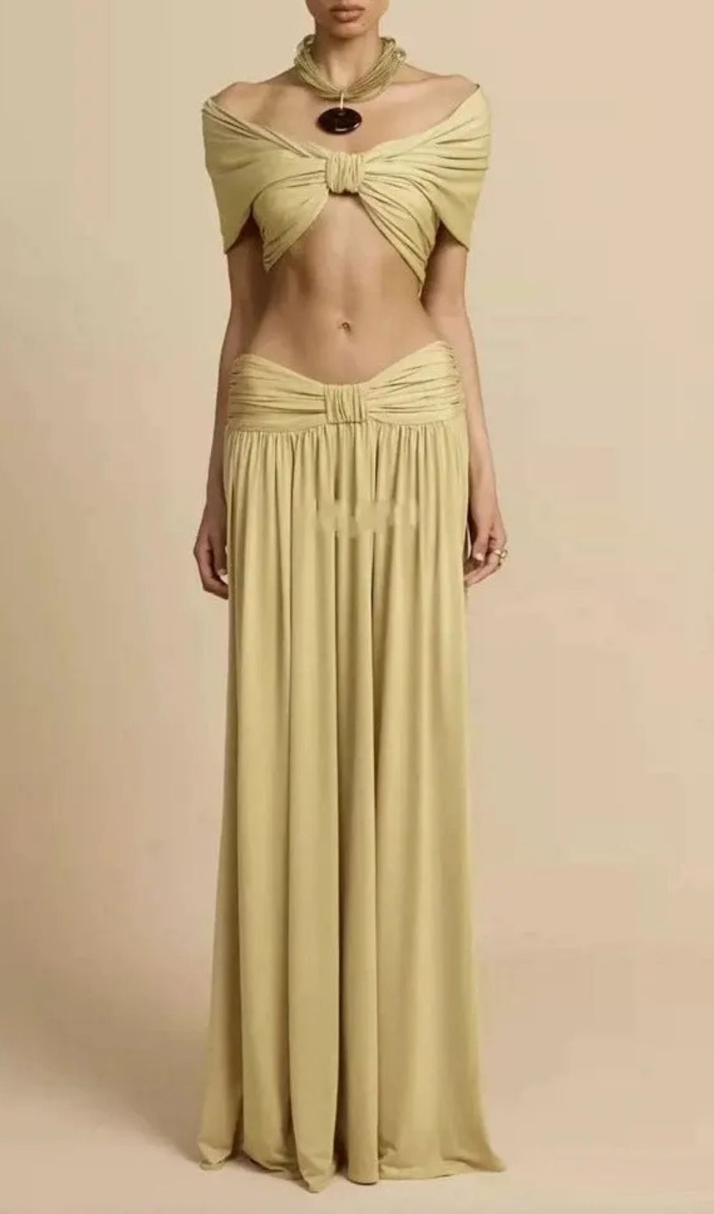 Pleated Top & Maxi Skirt Set - Beige