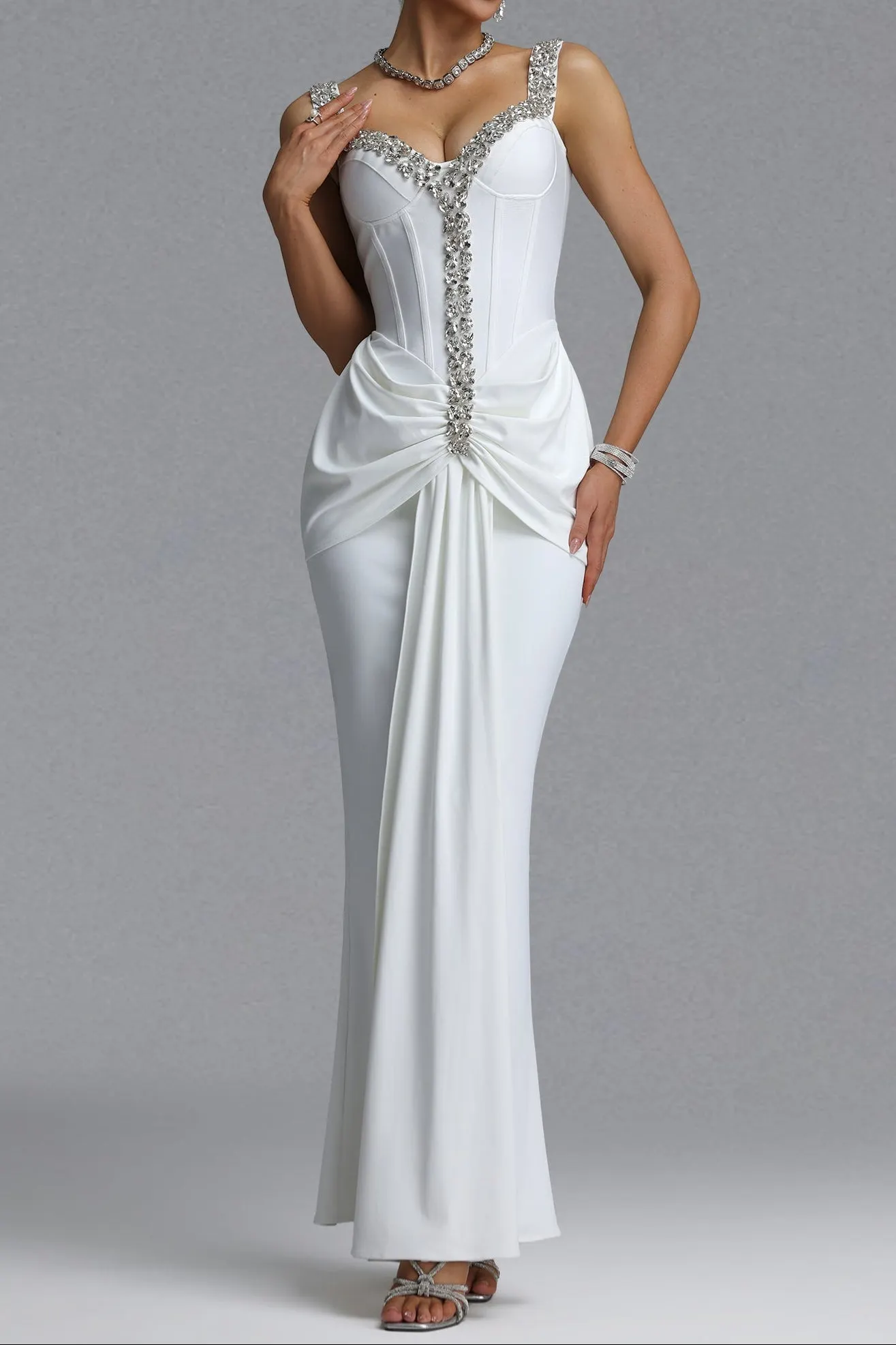 Rhinestone Trim Corset Draped Mermaid Maxi Dress