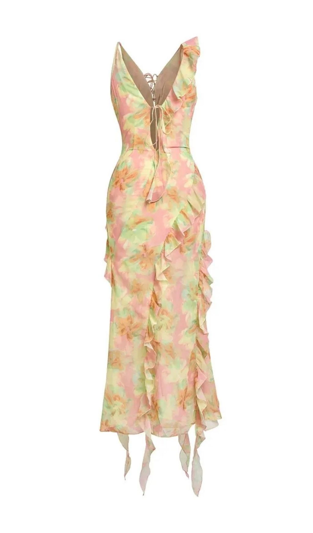 Jessie Tie Dye V-Neck Ruffle Tie-Up Midi Dress