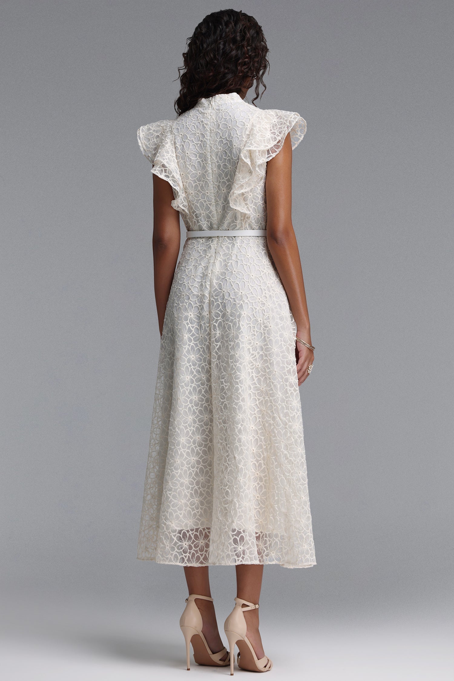 abddfa5e3f5ddc174db146f575c6db95 Mandarin Collar Ruffle Sleeve Floral Lace Midi Dress With Belt